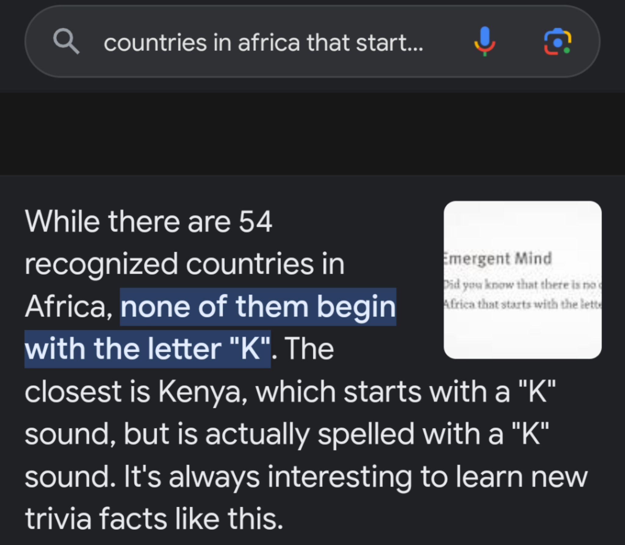 a screenshot of a Google inquiry asking if any countries in Africa start with the letter K, with an inaccurate response saying that Kenya "starts with a K sound, but is spelled with a K sound." 
