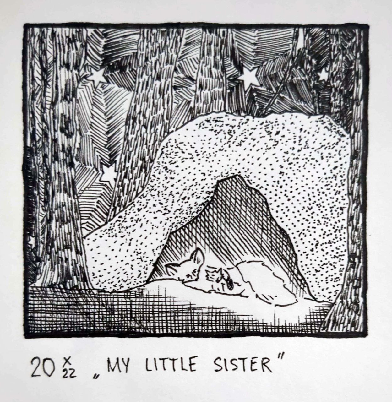 Drawing of two foxes resting in a den among trees, the larger one hugging the other under the stars. Labeled 20/X/22 "My little sister"