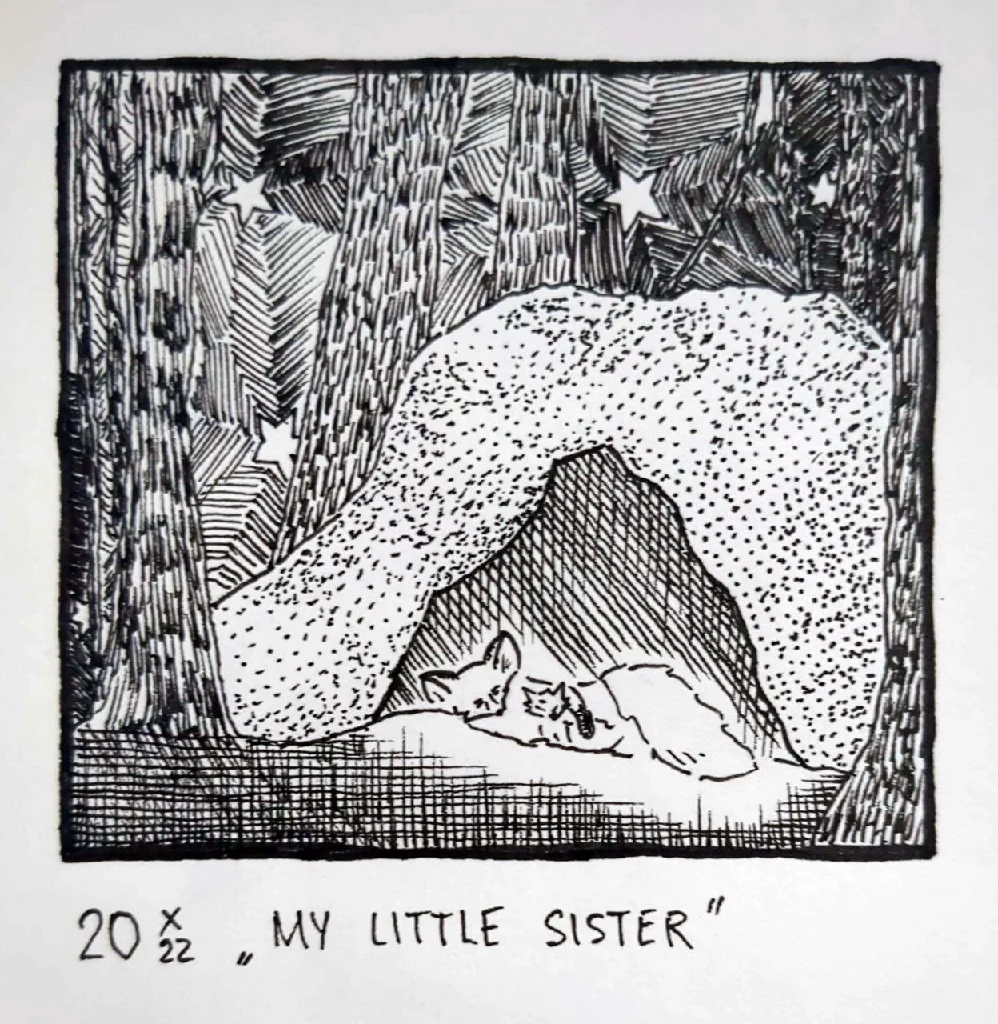 Drawing of two foxes resting in a den among trees, the larger one hugging the other under the stars. Labeled 20/X/22 &quot;My little sister&quot;